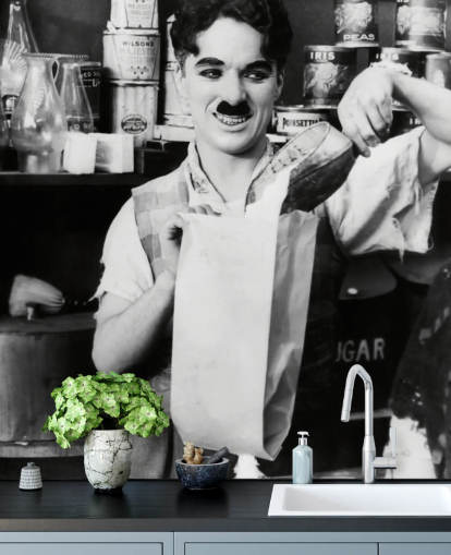 black and white charlie chaplin wallpaper mural called Charlie Chaplin (The Floorwalker)