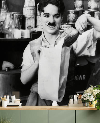 svartvit Charlie Chaplin tapetväggmålning som heter Charlie Chaplin (The Floorwalker)