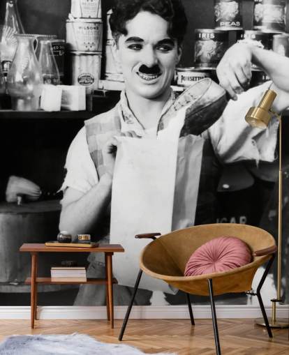 black and white charlie chaplin wallpaper mural called Charlie Chaplin (The Floorwalker)