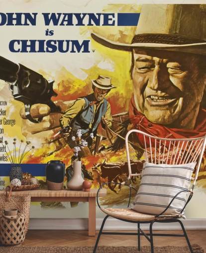 gekleurde filmposter behangmuurschildering genaamd Chisum Movie Poster voor slaapkamers, woonkamers en thuiskantoren