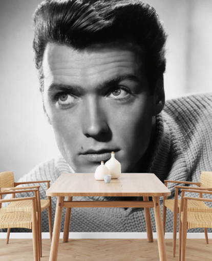 mustavalkoinen elokuvatapetti nimeltä Clint Eastwood koteihin ja yrityksiin