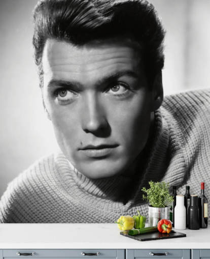 mustavalkoinen elokuvatapetti nimeltä Clint Eastwood koteihin ja yrityksiin