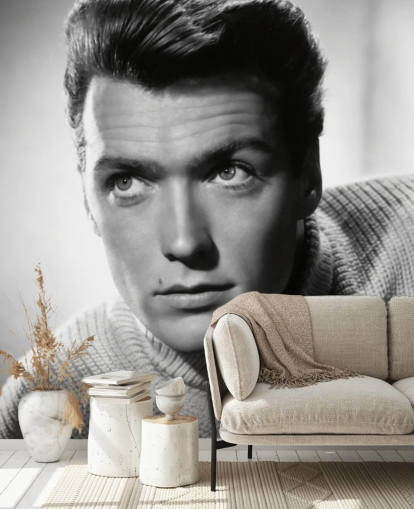 mustavalkoinen elokuvatapetti nimeltä Clint Eastwood koteihin ja yrityksiin