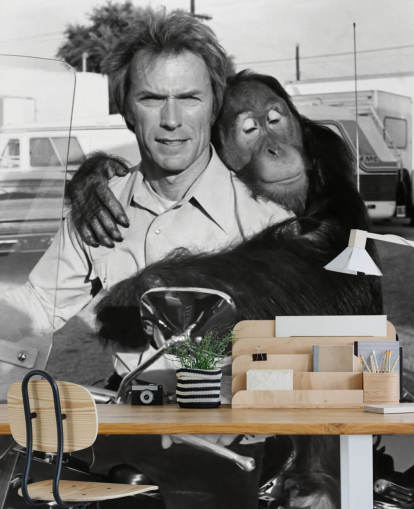 fresque murale noire et blanche de Clint Eastwood et d'un orang-outan intitulée Clint Eastwood (Every Which Way but Loose)