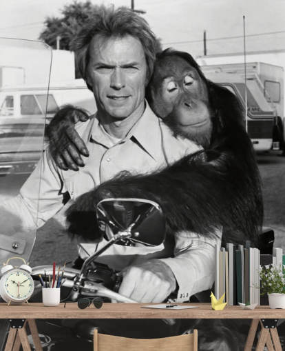 black and white clint eastwood and orangutan wall mural called Clint Eastwood (Every Which Way but Loose) black and white clint eastwood and orangutan wall mural called Clint Eastwood (Every Which Way but Loose)