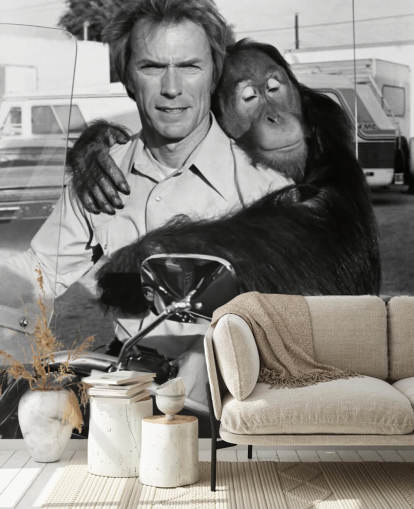 sort og hvid clint eastwood og orangutang vægmaleri kaldet Clint Eastwood (Every Which Way but Loose)