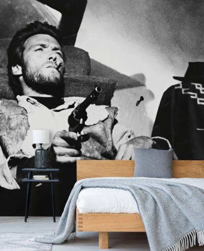 zwart-wit filmmuurschildering genaamd Clint Eastwood (For a Few Dollars More) voor thuiskantoren, woonkamers en slaapkamers zwart-wit filmmuurschildering genaamd Clint Eastwood (For a Few Dollars More) voor thuiskantoren, woonkamers en slaapkamers