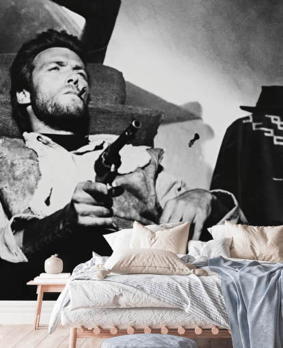 svart-hvitt filmveggmaleri kalt Clint Eastwood (For a Few Dollars More) for hjemmekontorer, stuer og soverom