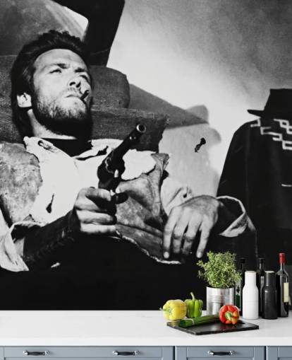 zwart-wit filmmuurschildering genaamd Clint Eastwood (For a Few Dollars More) voor thuiskantoren, woonkamers en slaapkamers