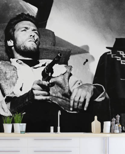 sort/hvid filmvægmaleri kaldet Clint Eastwood (For a Few Dollars More) til hjemmekontorer, stuer og soveværelser
