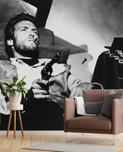 black and white movie wall mural called Clint Eastwood (For a Few Dollars More) for home offices, living rooms and bedrooms
