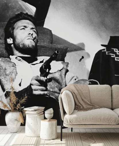 svart-hvitt filmveggmaleri kalt Clint Eastwood (For a Few Dollars More) for hjemmekontorer, stuer og soverom svart-hvitt filmveggmaleri kalt Clint Eastwood (For a Few Dollars More) for hjemmekontorer, stuer og soverom