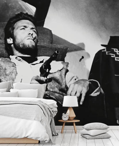 svartvitt film väggmålning som heter Clint Eastwood (För några få dollar mer) för hemmakontor, vardagsrum och sovrum
