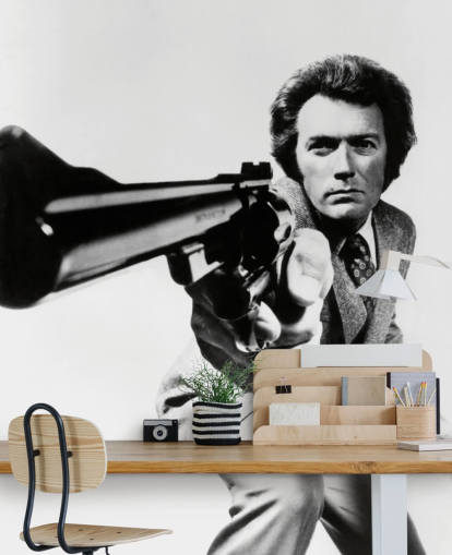 zwart-wit Clint Eastwood muurschildering genaamd Clint Eastwood (Magnum Force) voor slaapkamers, bedrijven en kantoren