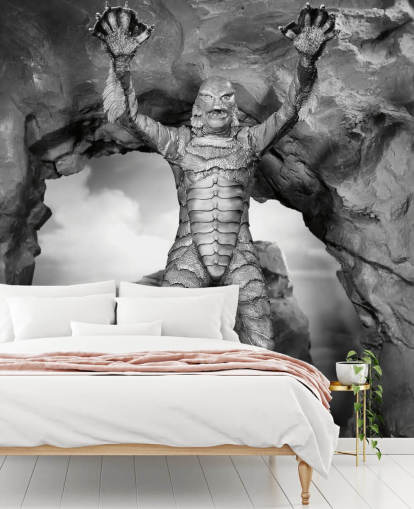mustavalkoinen kauhuelokuvan taustakuvamaalaus nimeltä Creature from the Black Lagoon teini-ikäisten makuuhuoneisiin ja elokuvateatterihuoneisiin
