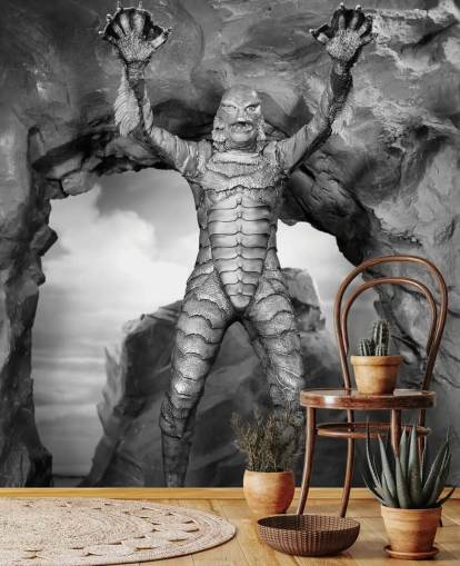 sort/hvid horrorfilm tapetmaleri kaldet Creature from the Black Lagoon til teenagers soveværelser og biografrum sort/hvid horrorfilm tapetmaleri kaldet Creature from the Black Lagoon til teenagers soveværelser og biografrum