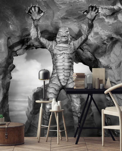 zwart-wit horrorfilm muurschildering genaamd Creature from the Black Lagoon voor tienerkamers en bioscoopkamers