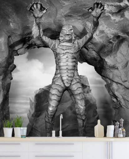 mural de papel pintado de películas de terror en blanco y negro llamado Creature from the Black Lagoon para dormitorios de adolescentes y salas de cine
