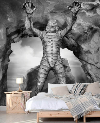 mustavalkoinen kauhuelokuvan taustakuvamaalaus nimeltä Creature from the Black Lagoon teini-ikäisten makuuhuoneisiin ja elokuvateatterihuoneisiin