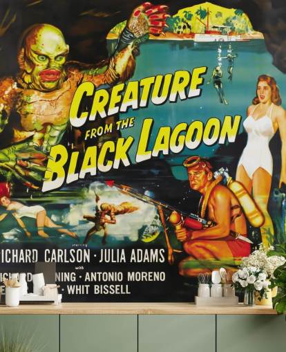 mural de papel de parede colorido de criatura da lagoa negra para quartos, escritórios domésticos e salas de cinema