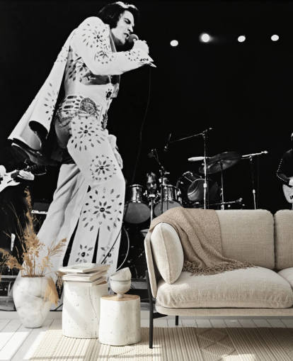 mural de papel pintado de película en blanco y negro Elvis Presley (Elvis de gira)