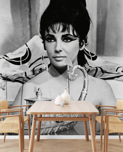zwart-wit cleopatra muurschildering genaamd Elizabeth Taylor (Cleopatra)