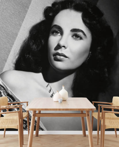 black and white hollywood wallpaper mural called Elizabeth Taylor for bedrooms, cinema rooms and home offices