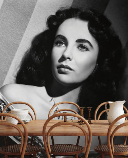 black and white hollywood wallpaper mural called Elizabeth Taylor for bedrooms, cinema rooms and home offices
