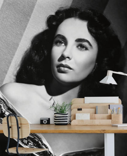 carta da parati murale hollywoodiana in bianco e nero chiamata Elizabeth Taylor per camere da letto, sale cinema e uffici domestici carta da parati murale hollywoodiana in bianco e nero chiamata Elizabeth Taylor per camere da letto, sale cinema e uffici domestici