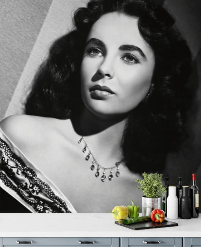 black and white hollywood wallpaper mural called Elizabeth Taylor for bedrooms, cinema rooms and home offices