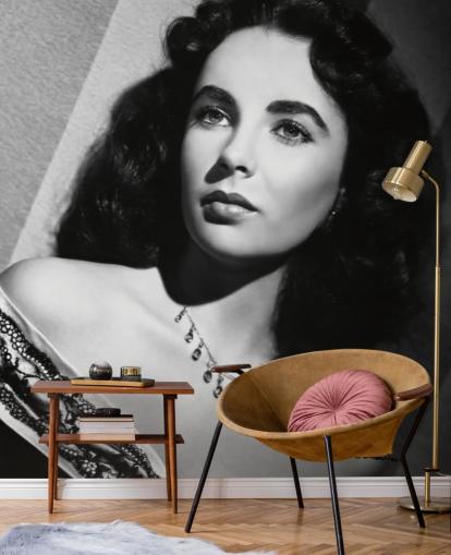 black and white hollywood wallpaper mural called Elizabeth Taylor for bedrooms, cinema rooms and home offices