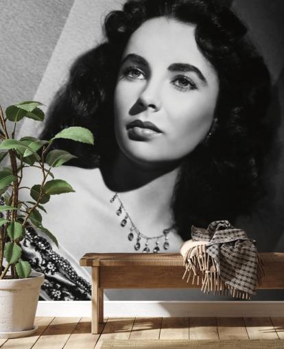 mural de papel de parede hollywoodiano preto e branco chamado Elizabeth Taylor para quartos, salas de cinema e escritórios domésticos mural de papel de parede hollywoodiano preto e branco chamado Elizabeth Taylor para quartos, salas de cinema e escritórios domésticos