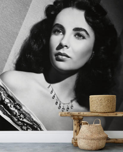 carta da parati murale hollywoodiana in bianco e nero chiamata Elizabeth Taylor per camere da letto, sale cinema e uffici domestici
