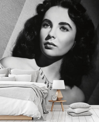 black and white hollywood wallpaper mural called Elizabeth Taylor for bedrooms, cinema rooms and home offices