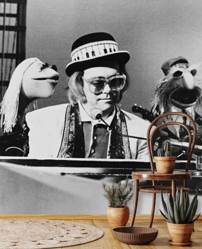 mural de papel de parede de programa de TV em preto e branco chamado Elton John (The Muppet Show) para quartos e escritórios domésticos mural de papel de parede de programa de TV em preto e branco chamado Elton John (The Muppet Show) para quartos e escritórios domésticos