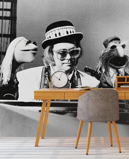 zwart-wit tv-show behangmuurschildering genaamd Elton John (The Muppet Show) voor slaapkamers en kantoren aan huis