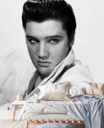 mural de papel pintado de rock and roll en blanco y negro llamado Elvis Presley II para dormitorios y salas de estar