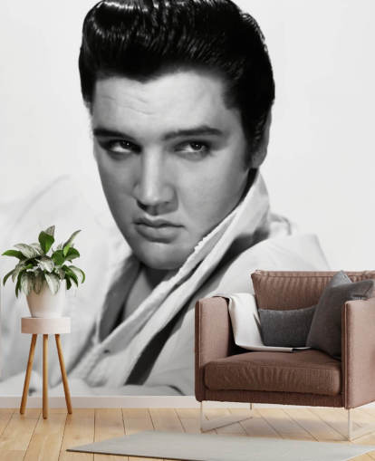 schwarz-weißes Rock'n'Roll-Tapeten-Wandbild namens Elvis Presley II für Schlafzimmer und Wohnzimmer schwarz-weißes Rock'n'Roll-Tapeten-Wandbild namens Elvis Presley II für Schlafzimmer und Wohnzimmer