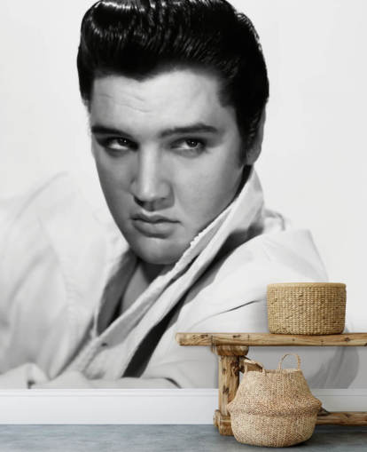 mural de papel de parede de rock and roll preto e branco chamado Elvis Presley II para quartos e salas de estar mural de papel de parede de rock and roll preto e branco chamado Elvis Presley II para quartos e salas de estar