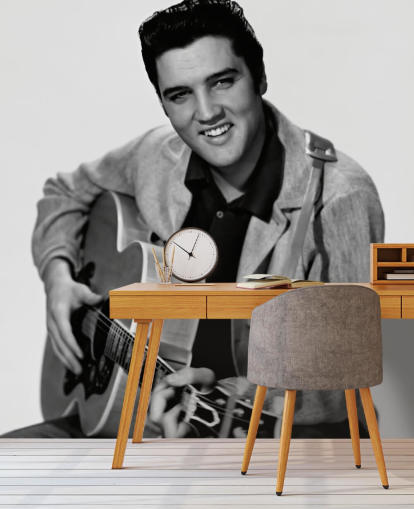 mural de papel pintado de Elvis en blanco y negro llamado Elvis Presley para dormitorios, oficinas y negocios