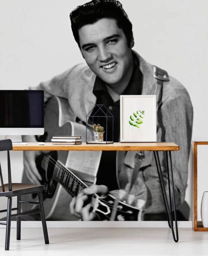 mural de papel de parede de elvis preto e branco chamado Elvis Presley para quartos, escritórios e empresas