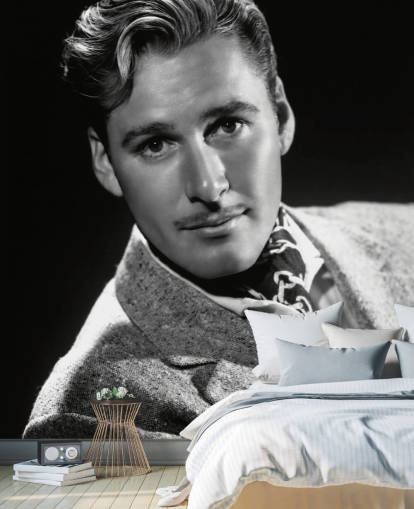 black and white movie star wallpaper mural called Errol Flynn II for bedrooms and home offices