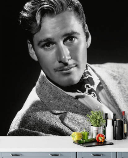 black and white movie star wallpaper mural called Errol Flynn II for bedrooms and home offices
