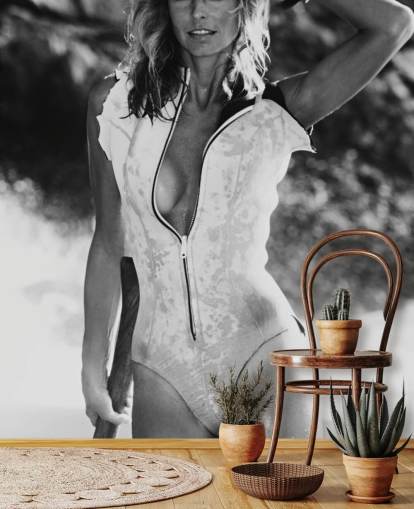 black and white movie wallpaper mural called Farrah Fawcett (Sunburn) for living rooms and bedrooms