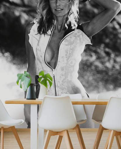 zwart-wit filmbehang met de naam Farrah Fawcett (Sunburn) voor woon- en slaapkamers