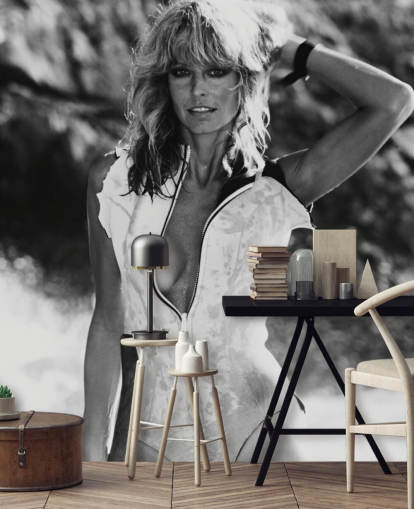 svartvit film tapeter väggmålning som heter Farrah Fawcett (Sunburn) för vardagsrum och sovrum