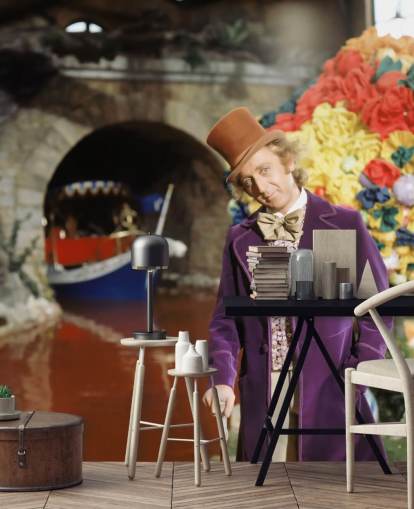 colorful willy wonka wallpaper mural called Gene Wilder (Willy Wonka & the Chocolate Factory) for bedrooms and home offices