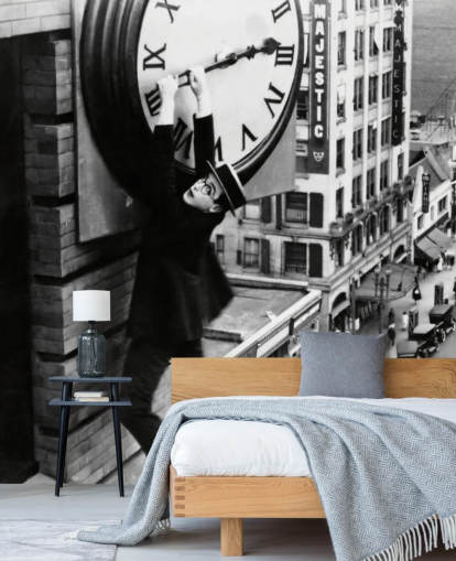 mural de papel pintado de película muda en blanco y negro llamado Harold Lloyd (Safety Last!) para dormitorios, oficinas y negocios
