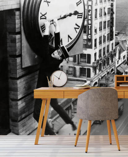 zwart-wit filmbehang met de naam Harold Lloyd (Safety Last!) voor slaapkamers, kantoren en bedrijven