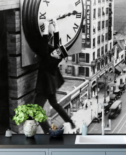 mural de papel pintado de película muda en blanco y negro llamado Harold Lloyd (Safety Last!) para dormitorios, oficinas y negocios mural de papel pintado de película muda en blanco y negro llamado Harold Lloyd (Safety Last!) para dormitorios, oficinas y negocios